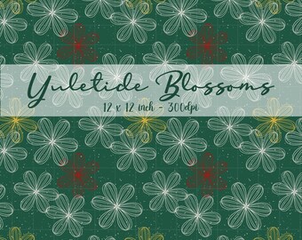 Christmas Floral Seamless Pattern Digital Download, Green Red Gold Holiday Wrapping Paper, Fabric Print
