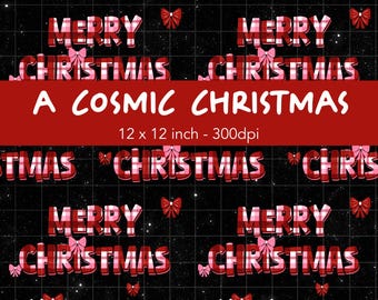 Cosmic Christmas Seamless Pattern Pink Plaid Digital Paper Merry Christmas Holiday Wrapping Paper Buffalo Check Space Holiday PNG Download