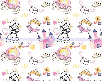 Cute Princess Design Seamless Pattern 300 DPI png Instant Download Digital Vinyl Fabric Surface Design Princess Crowns Wands Castle Carriage