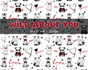 Valentine’s Day Seamless Pattern Instant Download Baby Animals Love Hearts Panda Bunny XOXO Digital Paper