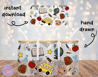 Back to School Can Wrap: Hand-Drawn School Bus, Books PNG (Digital Download)