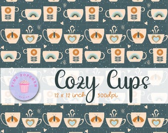 Cozy Cups Seamless Pattern, Cute Coffee Mug Digital Design, 12x12 Boho Tea Cup Hand drawn Background, Cozy Kitchen Scrapbook Design