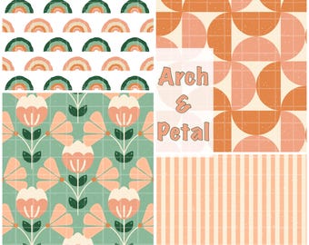 Retro Rainbow Floral Seamless Patterns, Hand Drawn Boho Fabric Design (Digital Download)