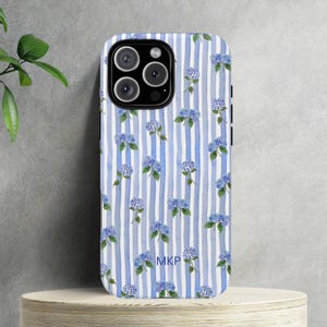 Personalized Initial iPhone Case Blue Hydrangeas Dainty Custom Initial Blue Phone Case Blue Flower Phone Case Summer Preppy Costal iPhone