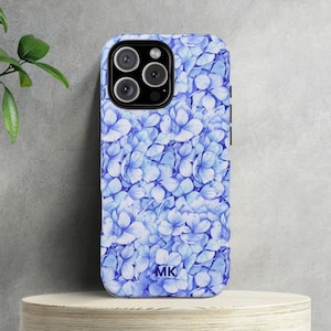 Personalized iPhone Case Blue Hydrangeas Custom Initial Floral Phone Cover Dainty Summer Preppy Coastal Protective Phone Case Flower Garden