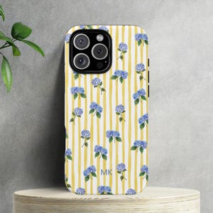 Personalized Initial iPhone Case Blue Hydrangeas Dainty Custom Initial Blue Phone Case Blue Flower Phone Case Summer Preppy Costal iPhone