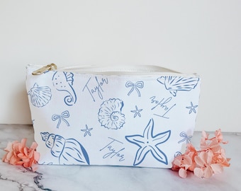 Bachelorette Makeup Bag Coastal Themed Personalized Bach Party Favor Travel Essential Last Toast on the Coast Seashell and Wedding Bells