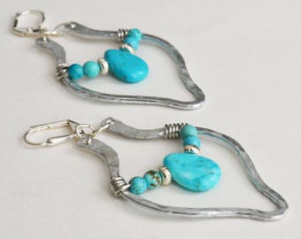 Turquoise Earrings Turquoise and Silver Earrings Hammered Aluminum Earrings Boho Earrings Gypsy Earrings Gemstone Tribal Turquoise Jewelry