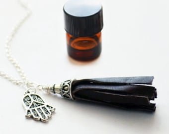 Essential Oil Jewelry Diffuser Necklace Oil Necklace Aromatherapy Necklace Leather Tassel Necklace Long Charm Necklace Boho Hamsa Charm Yoga