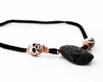 Rocker Necklace Biker Jewelry Black Leather Necklace Lava Rock Unisex Necklace Mens Jewelry Skull Jewelry Raw Copper Wire Wrapped