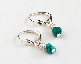 Tiny Turquoise Earrings Delicate Earrings Petite Earrings Dangles Girls Earrings Silver Earrings Turquoise Earrings Minimalist Earrings