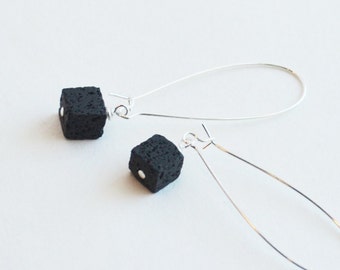 Long Dangles Simple Black Earrings Minimalist Cube Earrings Lava Stone Earrings Lava Rock Jewelry Womens Earrings Drops Silver Earrings