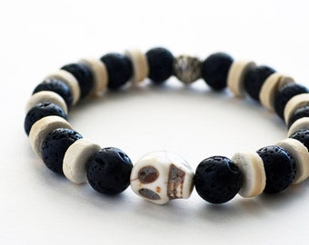 Rocker Bracelet Biker Bracelet Skull Bracelet Black Lava Stone Mens Bracelet Unisex Bracelet Boyfriend Gift Essential Mens Beaded Bracelet