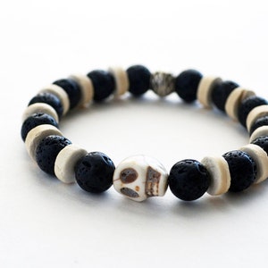 Rocker Bracelet Biker Bracelet Skull Bracelet Black Lava Stone Mens Bracelet Unisex Bracelet Boyfriend Gift Essential Mens Beaded Bracelet