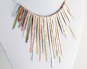Boho Necklace Copper Necklace Silver Necklace Gold Necklace Mixed Metal Necklace Hand Hammered Copper Aluminum Bib Fringe Statement Necklace