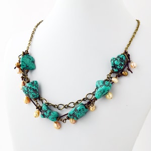 Boho Necklace Womens Necklace Statement Necklace Turquoise Necklace Howlite Gemstone Necklace Pearl Necklace Boho Multi Strand Necklace