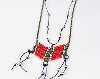 Bohemian Tribal Necklace Bohemian Necklace Boho Necklace Hippie Necklace Long Necklace Coral Leather Brass Chest Plate Multi Strand