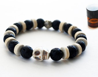 Essential Oil Bracelet Diffuser Bracelet Mens Bracelet Unisex Bracelet Skull Bracelet Black Lava Stone White Wood Rocker Biker Surfer