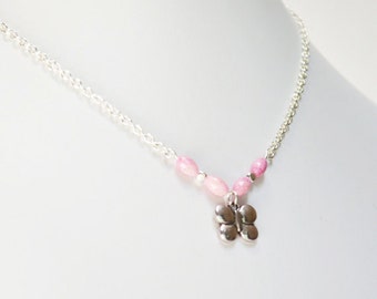 Little Girls Necklace Gemstone Necklace Butterfly Necklace Petal Pink Girls Jewelry Girls Delicate Necklace Butterfly Charm Necklace Gift