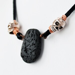Essential Oil Diffuser Necklace Rocker Biker Jewelry Black Leather Necklace Lava Stone Lava Rock Unisex Necklace Mens Jewelry Skull Jewelry