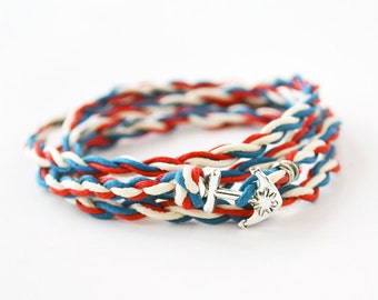 Nautical Jewelry, Silver Boat Anchor Charm, Wrap Bracelet, Cotton Wrist Wrap, Stackable Bracelet, Red White Blue, Patriotic, Fourth of July