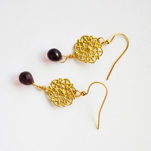 Delicate Gold Earrings Delicate Earrings Womens Earrings Boho Earrings Gold Dangle Earrings Purple February Birthstone Wire Wrapped Earrings