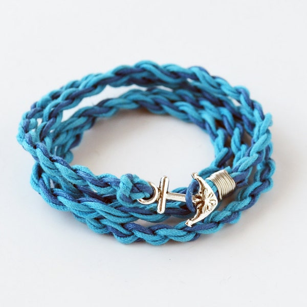 Nautical Jewelry Silver Boat Anchor Charm Wrap Bracelet Cotton Wrist Wrap Stackable Bracelet Ocean Blue Teal Turquoise Boho Wrap Bracelet