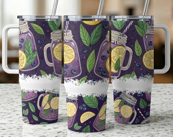 Lemon Mason Jar 40oz Tumbler Wrap: Citrus Fruit Leaf Design (PNG Digital Download)