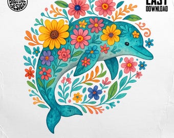 Delfín en acuarela PNG: Clipart floral de animales del océano (Descarga digital)