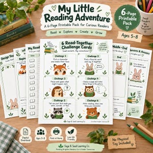 Może przedstawiać: 6-stronicowy zestaw do druku zatytułowany My Little Reading Adventure dla dzieci w wieku 5-8 lat. Zestaw zawiera karty z wyzwaniami, ilustracjami lisa, królika, jeża, sowy, szopa i niedźwiedzia oraz tekstami zachęcającymi do czytania.