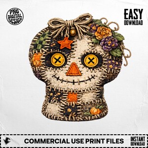 Calavera primitiva de Halloween PNG – Arte popular rústico de patchwork (Descarga digital)