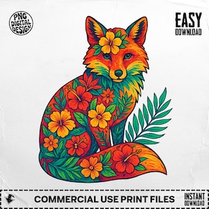 Floral Fox PNG, Flower Fox Clipart, Hibiscus Fox, Fox Sublimation, Cute Fox, Digital Download PNG, Digital Fox