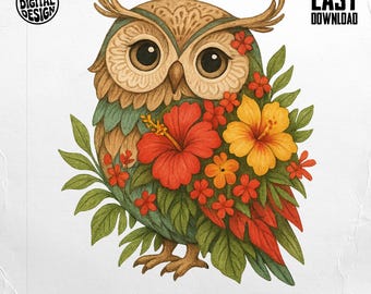 Floral hibou PNG : Boho Hibiscus Flowers, Tropical Clipart (téléchargement numérique)