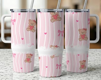 Pink Teddy Bear 40oz Tumbler Wrap, Hearts and Bows (Digital Download)