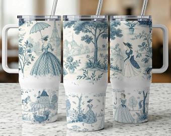 French Toile Tumbler Wrap: Elegant Garden Scene (40oz, Digital Download)