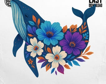 Balena floreale PNG: Clipart di fiori bohémien (download digitale PNG)
