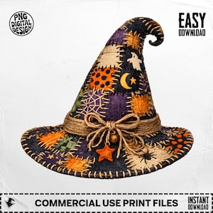 Patchwork Witch Hat PNG, Quilted Halloween Clipart, Stitched Folk Art Digital Download