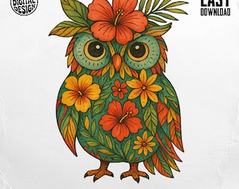 Floral hibou PNG : Boho Hibiscus Clipart pour sublimation (téléchargement numérique)