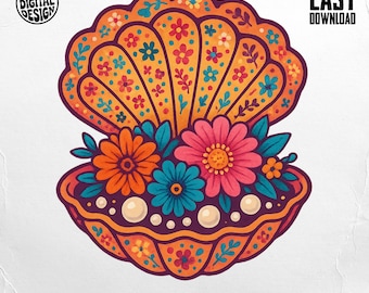 Boho Seashell Floral Clipart: Pearl Flower PNG (Digital Download)