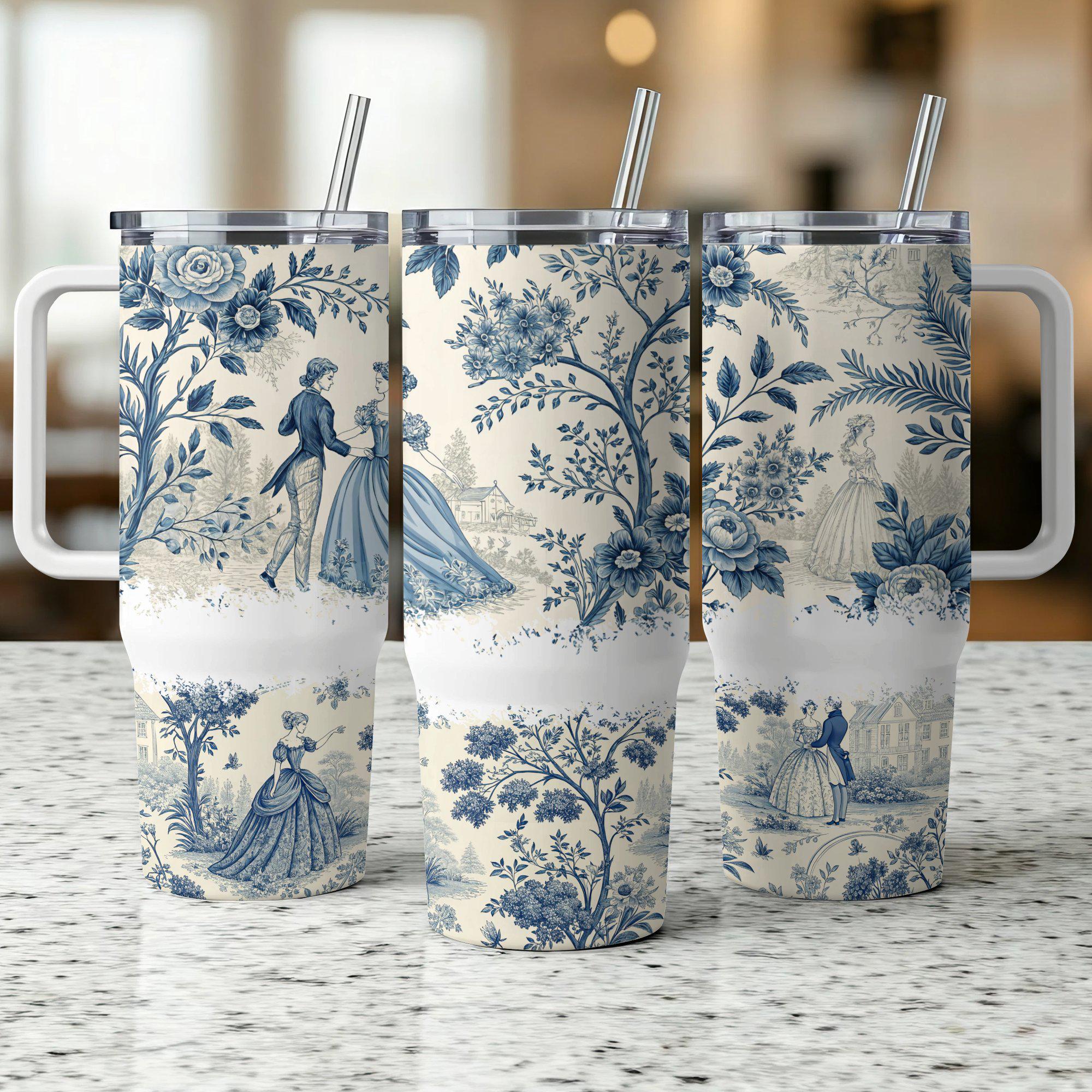 Victorian Blue Floral Tumbler Wrap: Vintage Couple Design (40oz) (Digital Download)