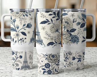 Parisian Floral Tumbler Wrap: Blue & White Eiffel Tower Design (Digital Download)