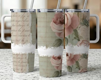 Emballage de verre 40 oz roses shabby chic, design floral vintage, roses roses, verre romantique, design élégant de gobelet, cadeau unique