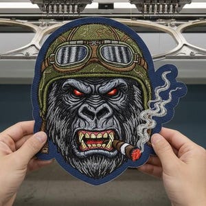 Puede incluir: Parche bordado con un gorila que lleva un casco y gafas de aviador vintage, fumando un cigarro. El gorila tiene ojos rojos y una expresión enfadada. El parche se sostiene delante de una máquina de bordar industrial.