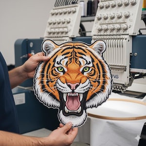 May include: Embroidered tiger head patch with orange, black, and white details, green eyes, and an open mouth. The patch is held in front of an embroidery machine, showcasing the craftsmanship and design.