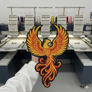 Może przedstawiać: Haftowana naszywka z motywem feniksa w odcieniach żółci, pomarańczy i czerwieni z czarnymi konturami. Naszywka jest prezentowana przed przemysłowymi maszynami do haftu, sugerując spersonalizowaną odzież lub akcesoria.