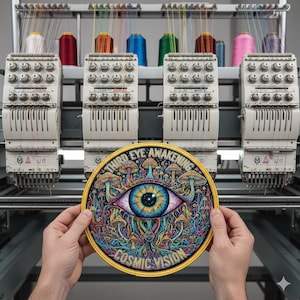 Puede incluir: Un parche redondo y colorido con el texto "THIRD EYE AWAKENING" y "COSMIC VISION" se sostiene frente a una máquina de bordar. El parche presenta un diseño detallado de ojo con setas e imágenes psicodélicas. La máquina tiene múltiples carretes de hilo.