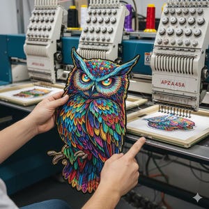 Op de afbeelding: Een kleurrijke uilenpatch met levendige tinten blauw, groen, geel en rood wordt voor een borduurmachine gehouden. Het uilontwerp heeft ingewikkelde details en een opvallende blik. De achtergrond toont de componenten van de machine.