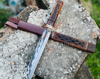 Hand Forged Viking Seax Knife, Celtic Knot Handle, With Wooden Scabbard