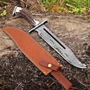 Custom HandMade Damascus Steel Hunting 18in Bowie Knife Deer Horn Handle, Deer Stag Antler Knife & Leather Sheath | Best Christmas Gift