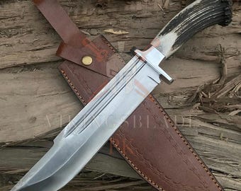 Custom HandMade D2 Steel Antler Deer Horn Crown Handle Hunting Knife With Leather Sheath
